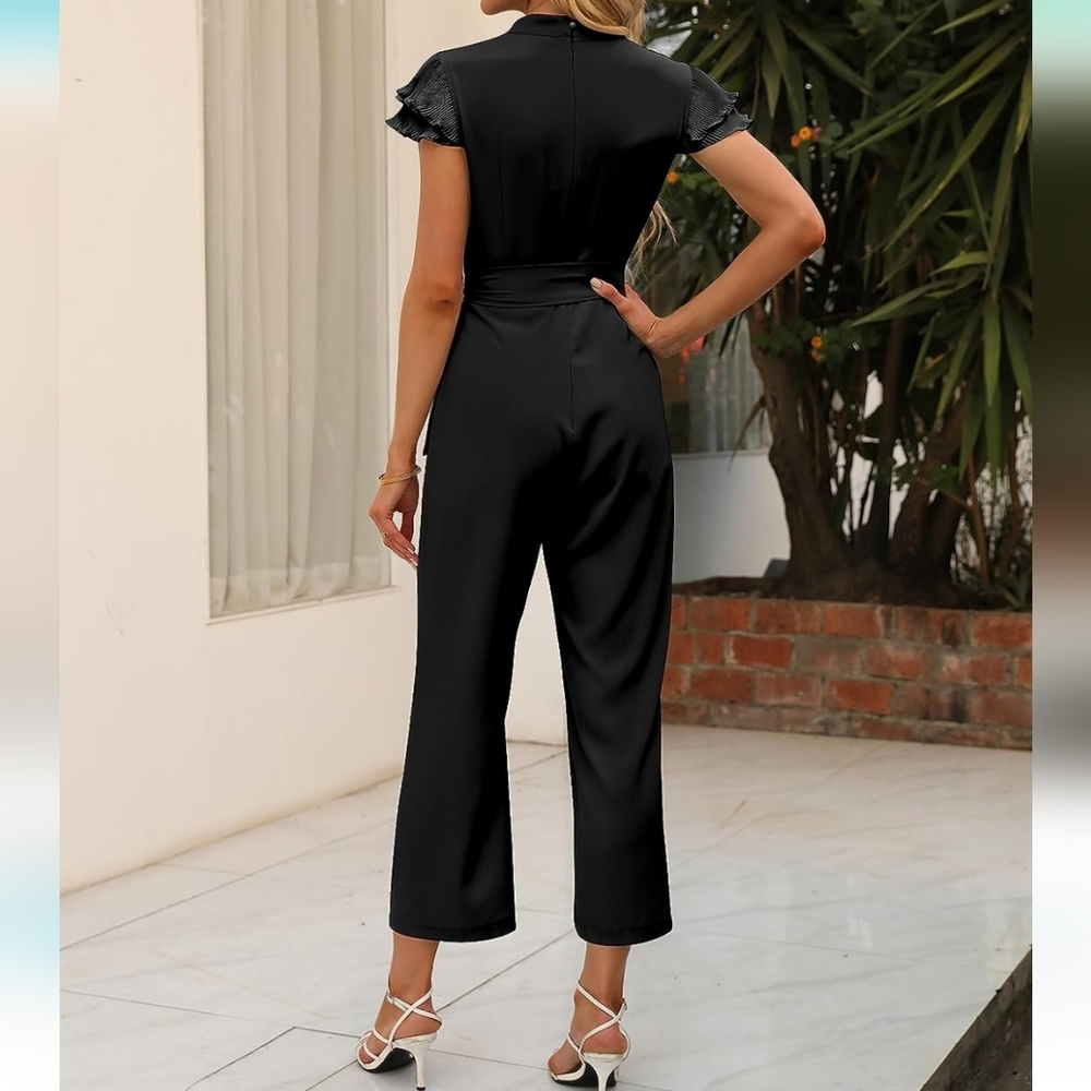 Women's Ruffle Sleeve Belted Jumpsuit - Picture 3 of 11